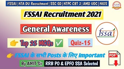 General Awareness | FSSAI Recruitment 2021  | Quiz-15 | FSSAI Assistant Previous Year Questions