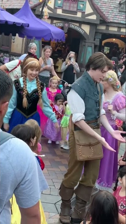 Rapunzel, Flynn Rider and Anna Interacting at Disneyland