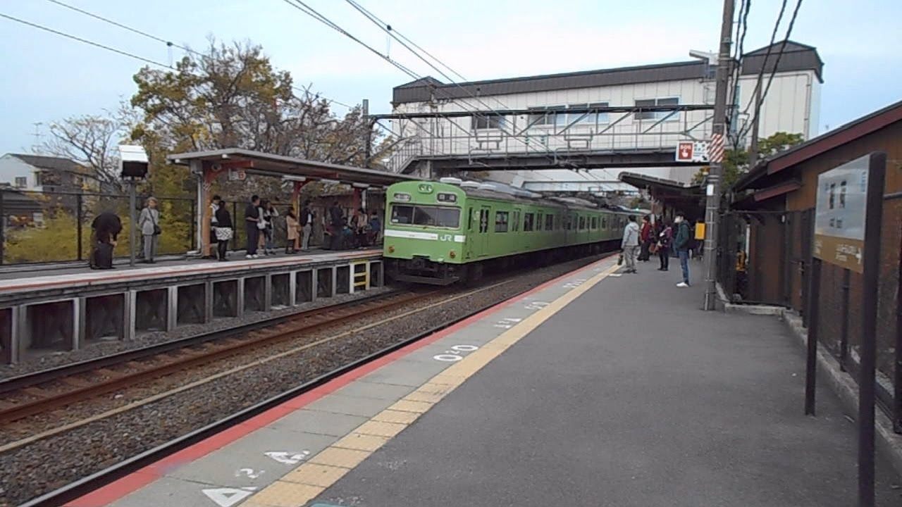 警笛を鳴らし高速通過する103系　【JR奈良線稲荷駅】　15.11.23