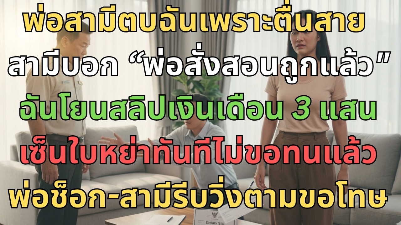 “พ่อผัวตบหน้าฉันเพราะตื่นสาย ผัวโยนสลิป 3 แสน ขู่หย่าทันที — พ่อลูกตกใจกราบขอโทษ”