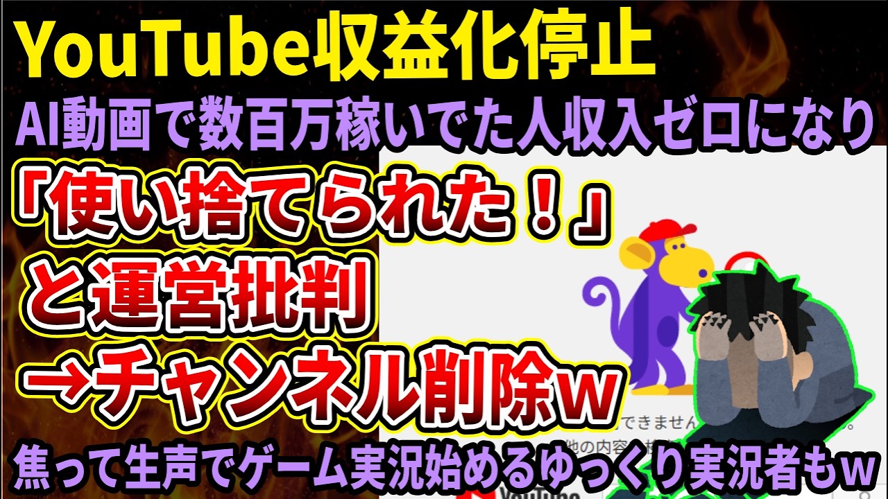 【収益化停止】月収数百万からゼロになったAI動画YouTuber「使い捨てにされた！」と運営批判→チャンネル削除ｗｗｗたまらず生声ライブを始めるゆっくり系も現れるｗｗｗ