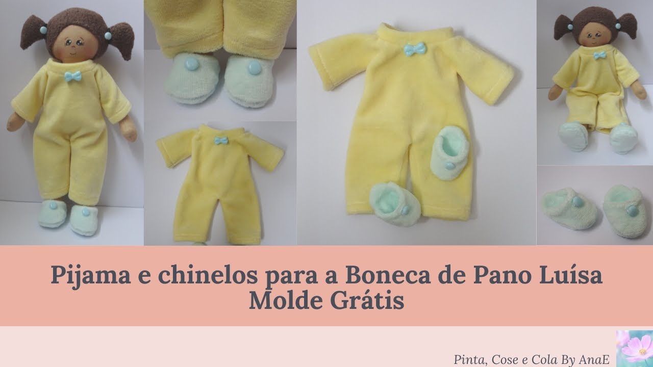 Pijama e chinelos para a Boneca de Pano Luísa. Molde grátis