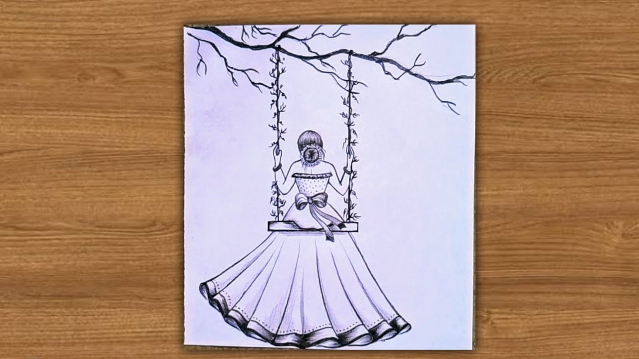 Girl sitting on a swing very easy pencil drawing step by step//how to draw a girl swing in a tree