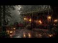 Cozy Medieval Forest Balcony Bedroom 🌧️ Heavy Rain &amp; Fireplace Ambience (8 Hours)