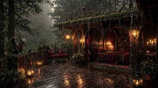 Cozy Medieval Forest Balcony Bedroom 🌧️ Heavy Rain &amp; Fireplace Ambience (8 Hours)