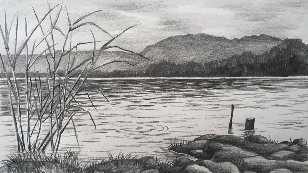 Matte Black Wooden frame Landscape Pencil Sketch