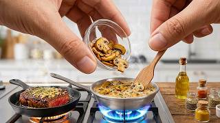 ASMR Miniature Food Prep — Searing savory beef steak and Mushroom Pasta