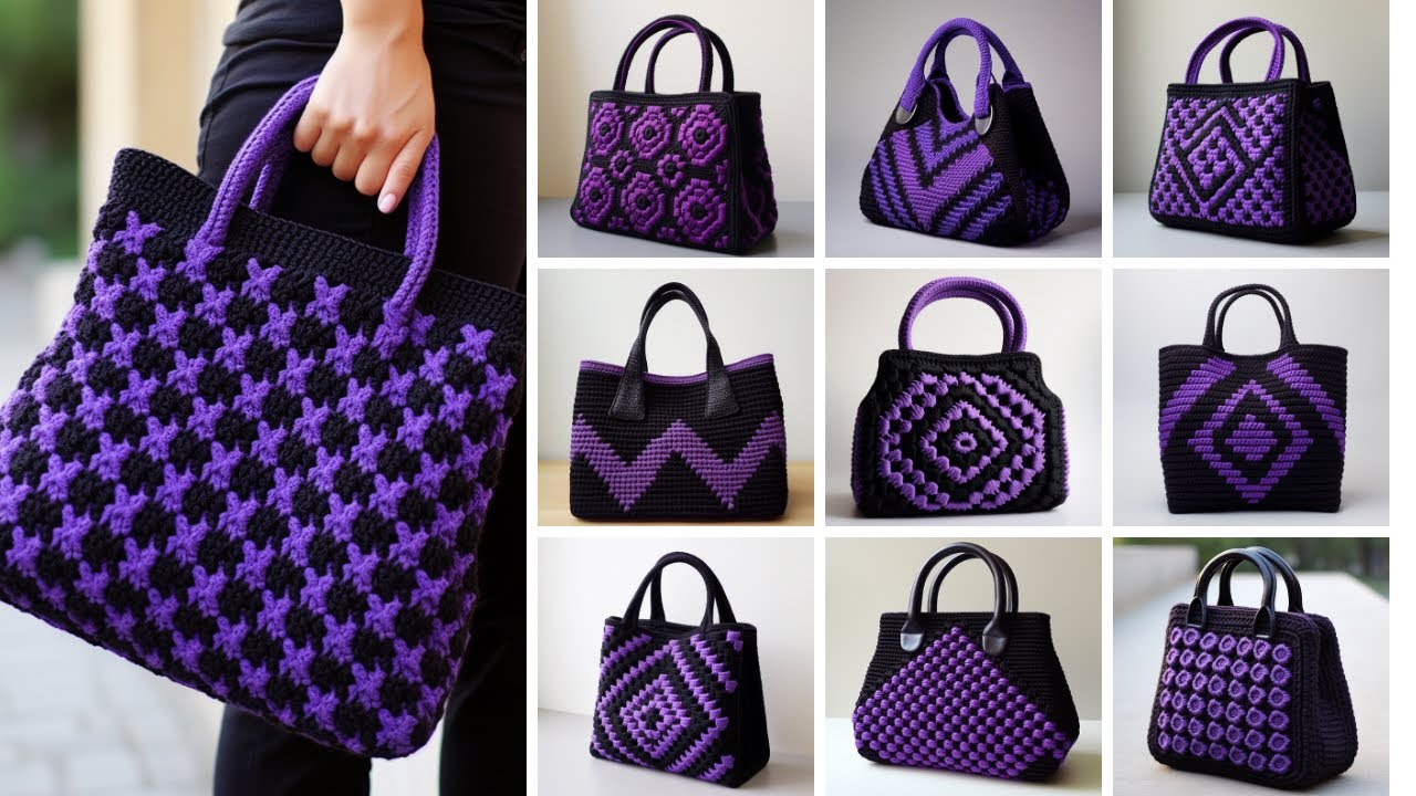 BLACK PURPLE MIXED COLOR HANDBAG SHOPPING BAG TRAVEL BAG CROCHET WOOL AI DESIGNS IDEAS - KLMNO ART