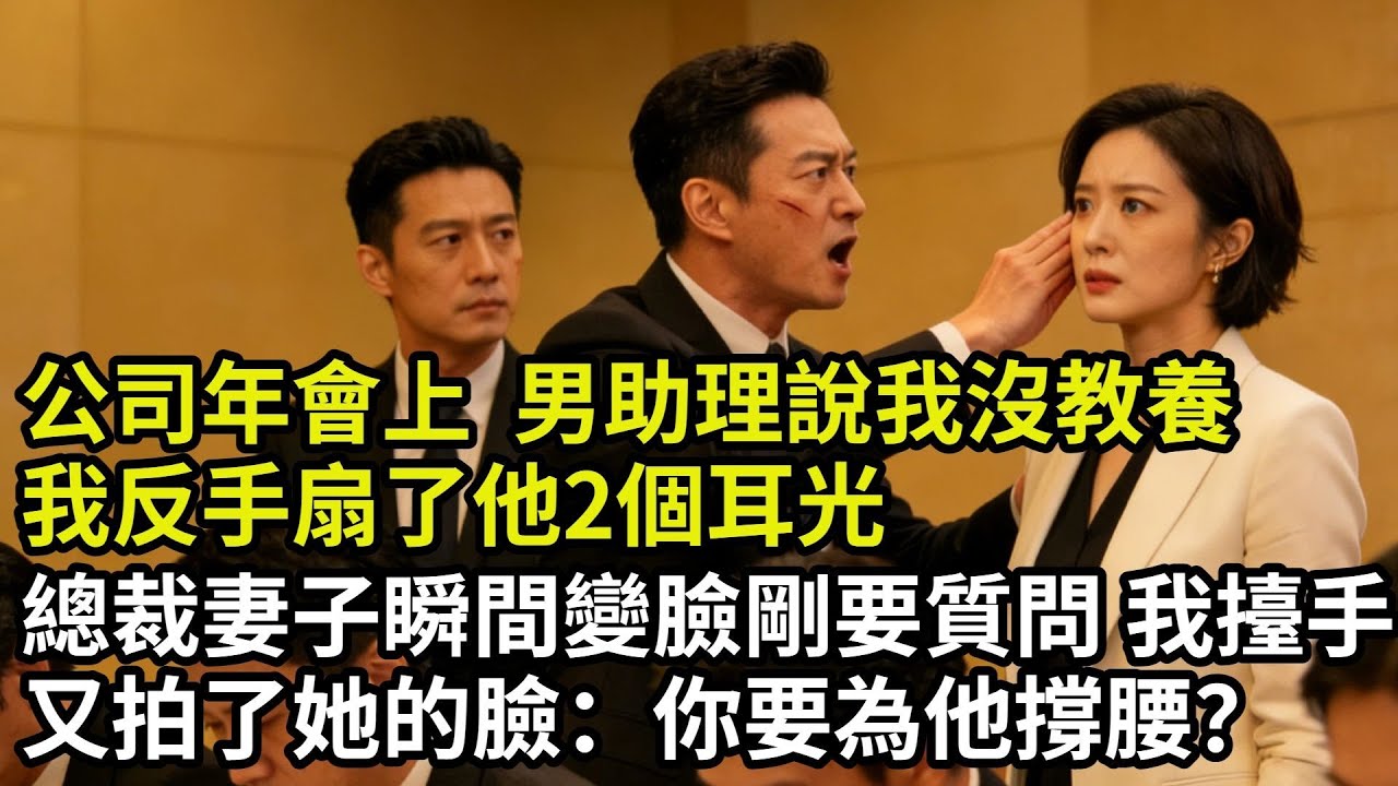 公司年會上，男助理説我沒教養，我反手扇了他2個耳光，總裁妻子瞬間變臉剛要質問，我抬手又拍了她的臉：「怎麼，你要為他撐腰？」所有人不敢出聲#奇聞#故事#完結文