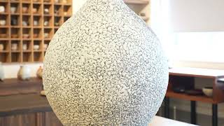 塩釉彩線紋扁壷　松尾潤　共箱　武雄市　現代陶芸　飾壷　花入　花瓶　花活け 塩釉彩線紋扁壷 松尾潤 共箱 武雄市 現代陶芸 飾壷 花