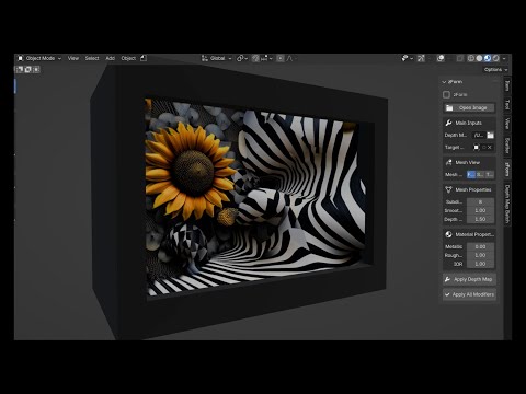 Convert 2D abstract art image to 3D shadow box and mesh in Blender using depth map and modifiers.
