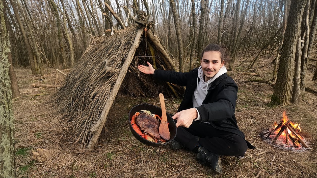 SOLO SURVIVAL - Building BUSHCRAFT Shelter - Camp Fire Cooking - YouTube