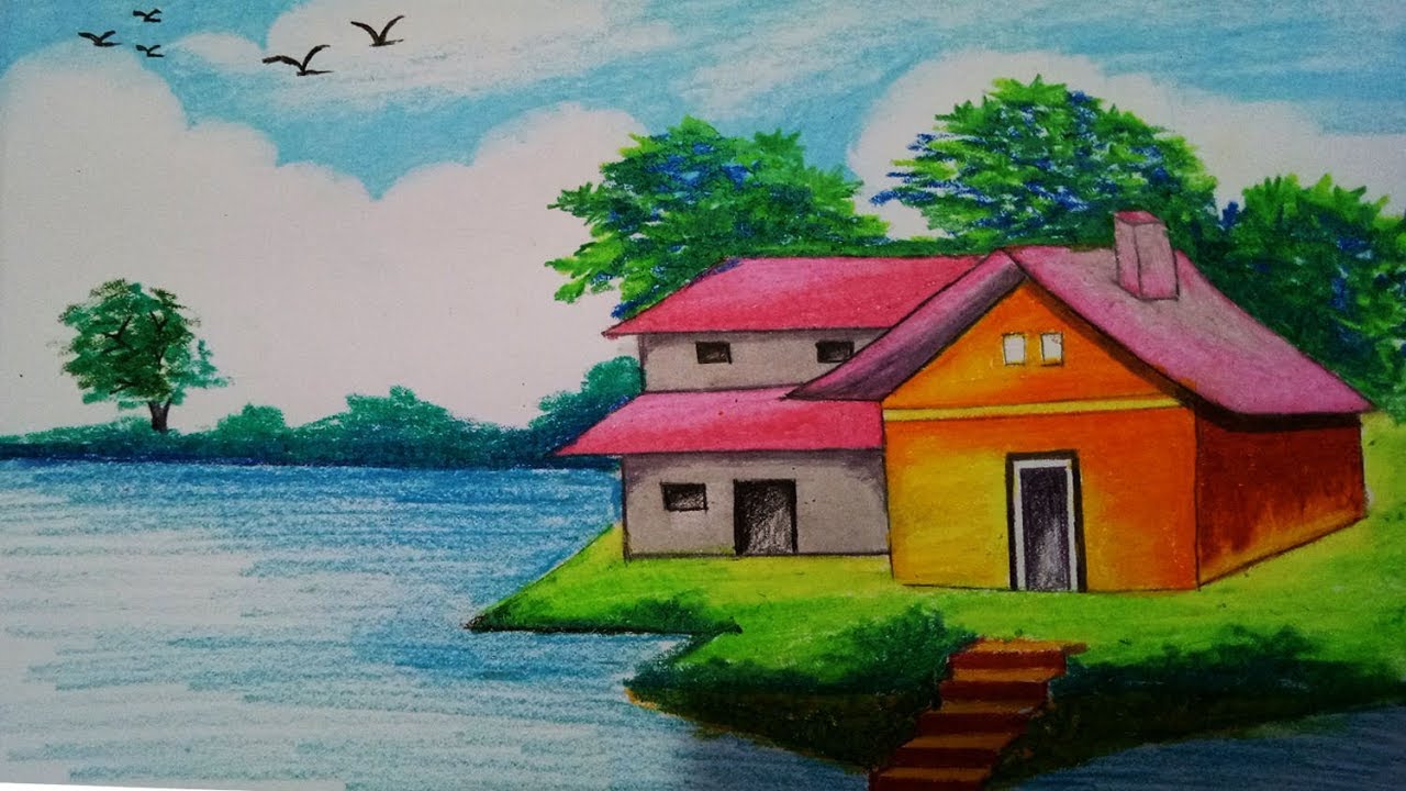 How to draw Riverside Village Scenery.Step by step(easy draw) - YouTube