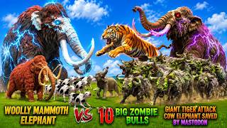 Woolly Mammoth Elephant vs 10 Big Zombie Bulls vs Giant Tiger Attack Cow Elephant Saved by Mastodon
