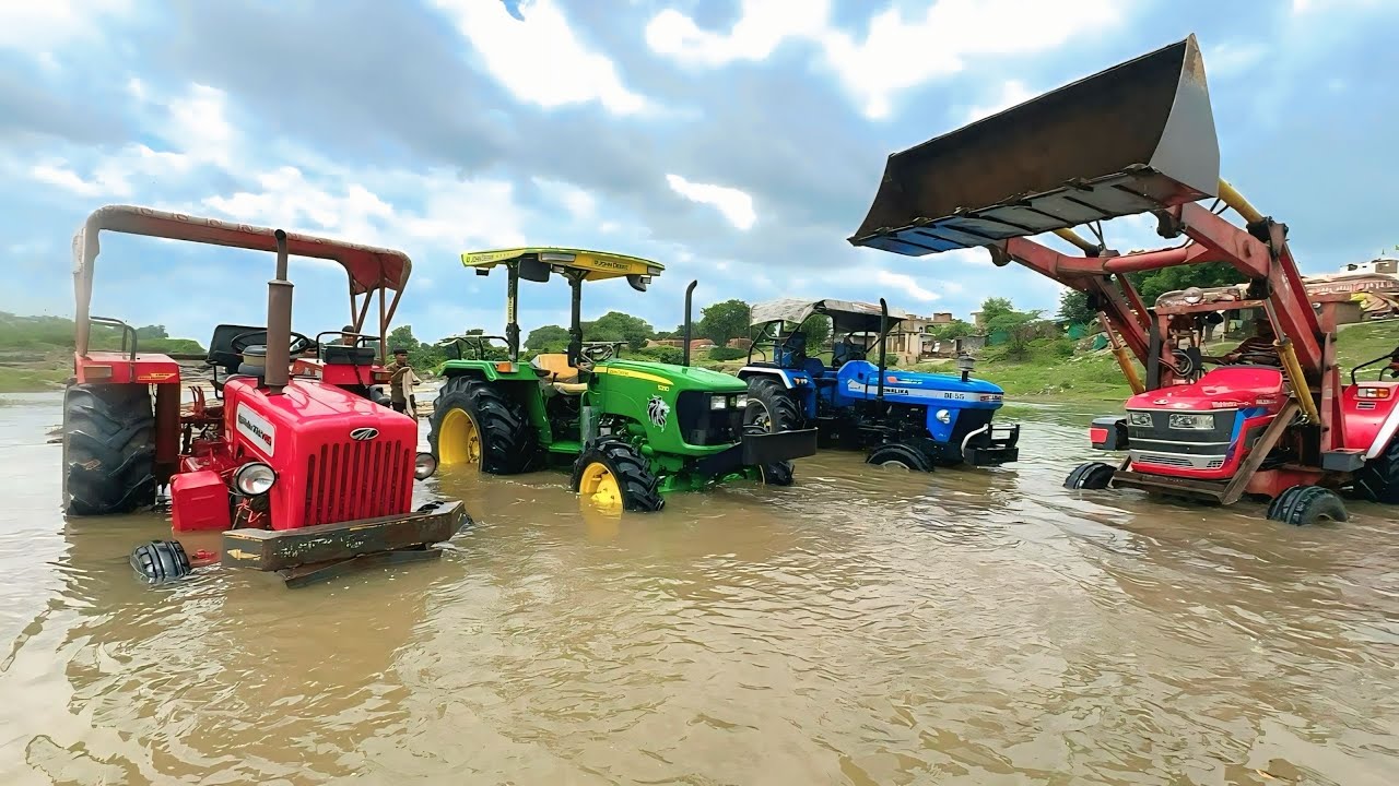 Washing My Tractors in Deep Water | Mahindra Loader | Sonalika Di-55 | John Deere | Mahindra 575