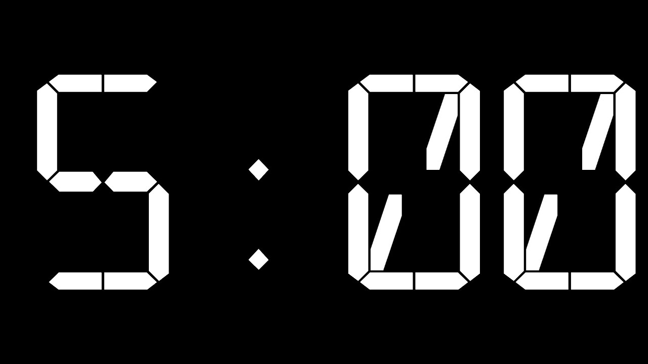 5 Minute Countdown Timer | White Digital Clock on Black Background ...