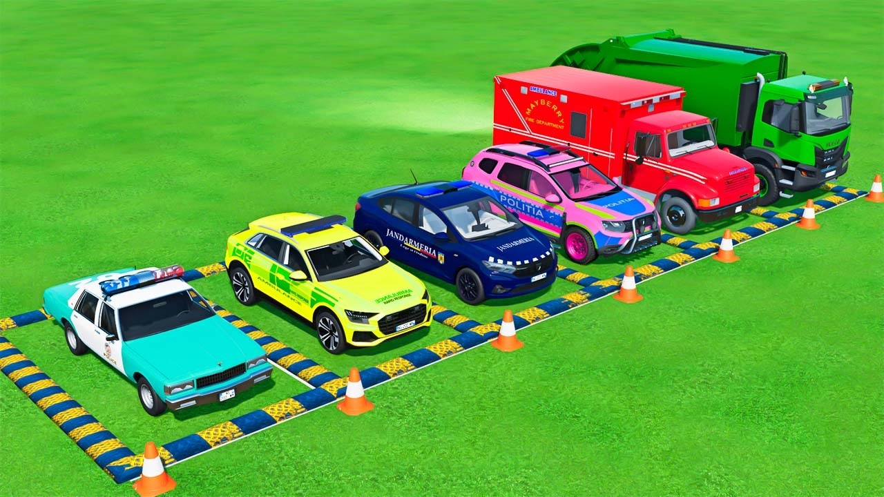 Double Flatbed Trailer Truck vs speedbumps |Police car vs speedbumps | Beamng Drive | #161