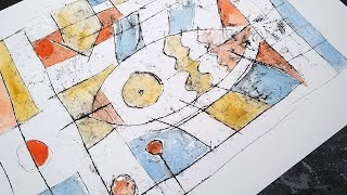 Monoprinting techniques of Paul Klee with block printing ink and watercolour