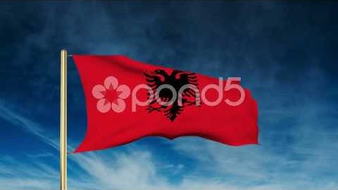 Albania Flag Slider Style. Waving In The Wind With Cloud Background Animation