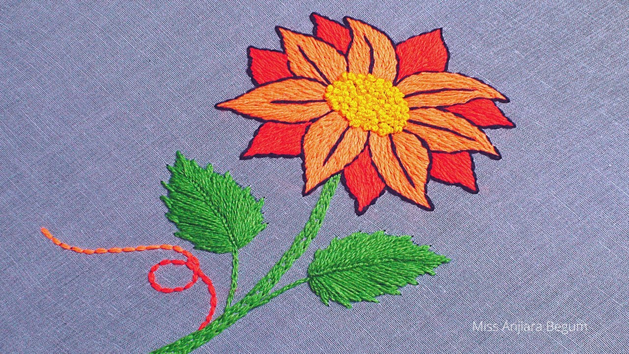 Hand Embroidery with light & deep orange thread, Woolen flower