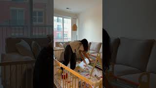 Conkka wooden playpen set up for my toddler to keep all toys contained in the large play yard