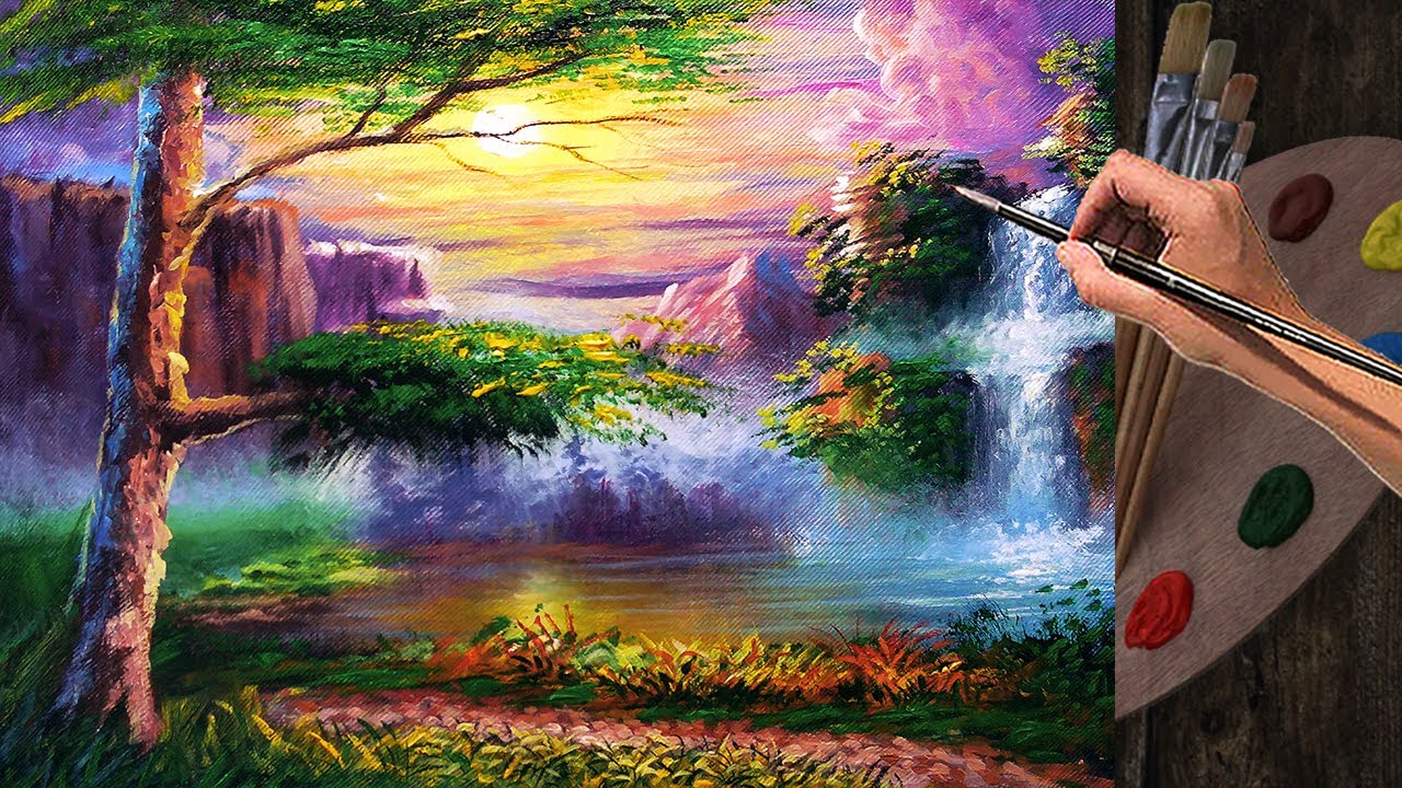 Acrylic Landscape Painting Tutorial / Hidden Waterfalls in Golden Hour Sunset / Fine Art