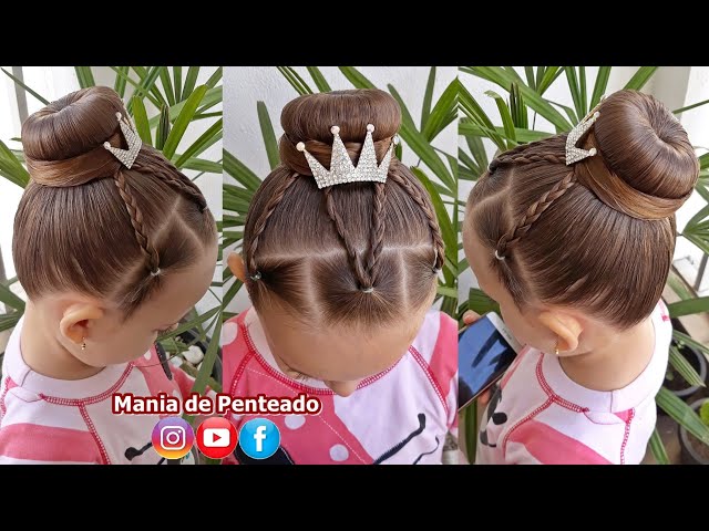 Penteado Infantil com coque, tranças e coroa de princesa