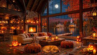 A Halloween Night Wrapped in Autumn Color 🔥 Peaceful Piano Jazz by the Fireplace