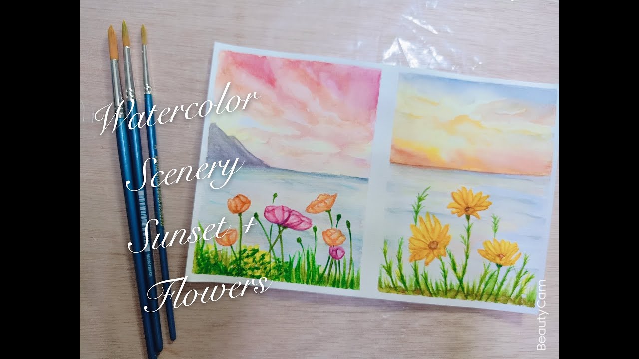 Watercolor Drawing - Sunset + Flowers / 水彩绘画- 日落+花- YouTube