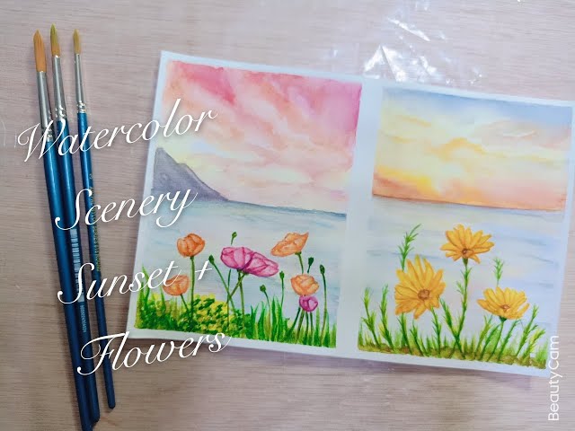 Watercolor Drawing - Sunset + Flowers / 水彩绘画- 日落+花- YouTube