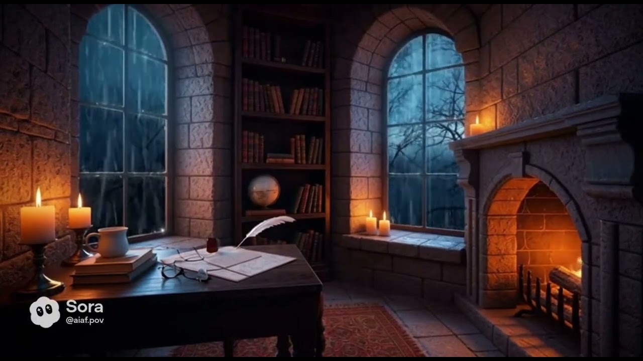 Medieval Stone Library Thunder & Rain | 1 Hour Cozy Study Ambience