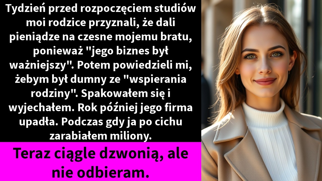 Mama przesunęła moją szklankę po stole i powiedziała, że fundusz, który babcia zostawiła mi na studia, został przekazany bratu. Na jego biznes. „Jego firma ma większe znaczenie” – powiedziała,...