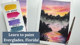 WATERCOLOR TUTORIAL | Everglades National Park, FLORIDA | Step-by-step SUNSET Landscape Painting