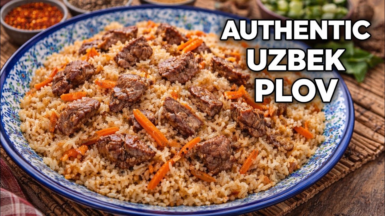 “Traditional Uzbek plov cooked in a kazan. No talking, just natural kitchen sounds.”