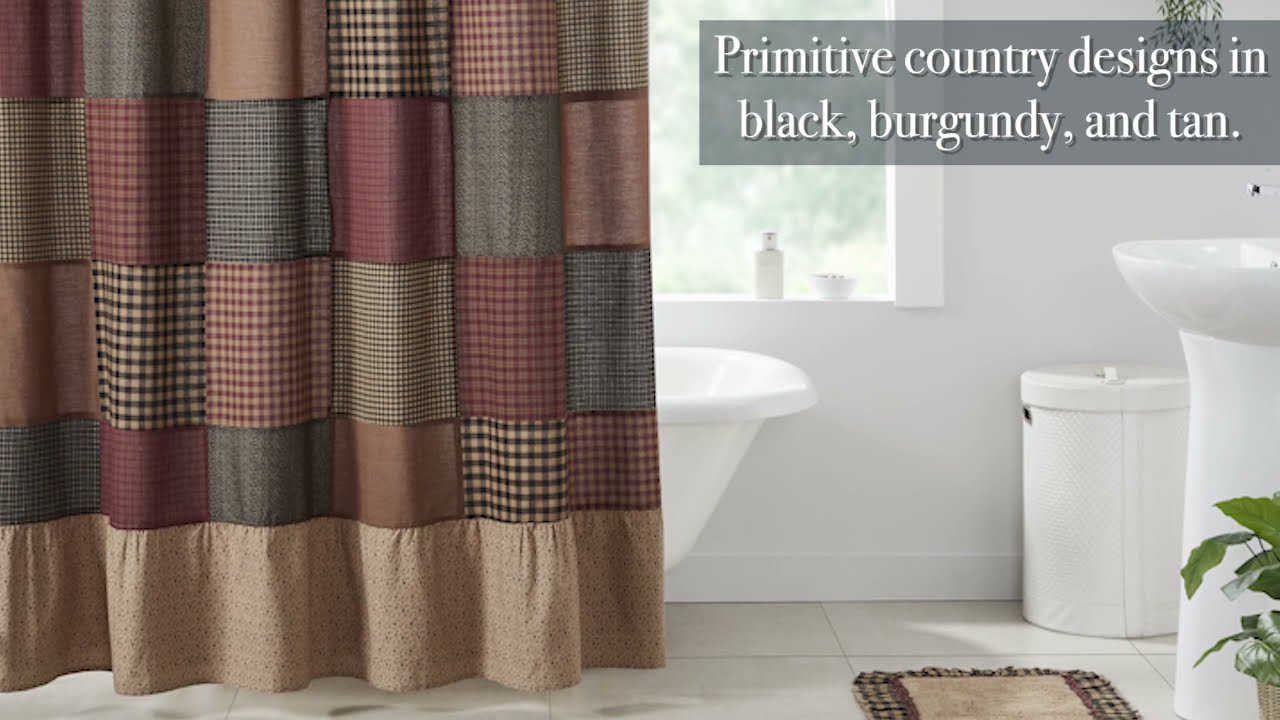 Country Plaid Stars Fabric SHOWER CURTAIN Burgundy Taupe Tan Primitive Rustic 