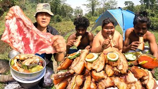 Pork Belly With Soya Sauce Deep Fry and Full Boil in Momo Pot Cooking in Jungle & Eating ! MUKBANG