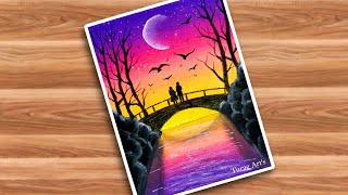 Romantic couple on bridge side river with Oil Pastel - step by step | colourful scenery drawing