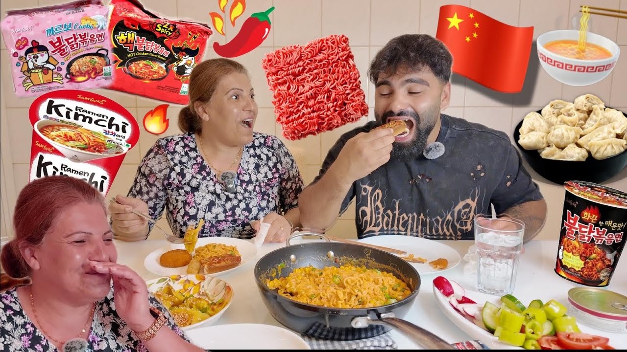 ASIAN FOODCHALLENGE MIT MAMA 🥵 BULDAK & KIMCHI‘S MUKBANG | Rami.K X BasnasKüche