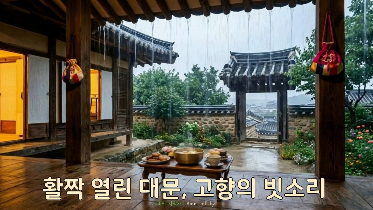 설날아침, 활짝열린 대문너머 고향마을 빗소리 Welcoming Lunar New Year Rain Soundscape from a Hanok Porch with Open Gate