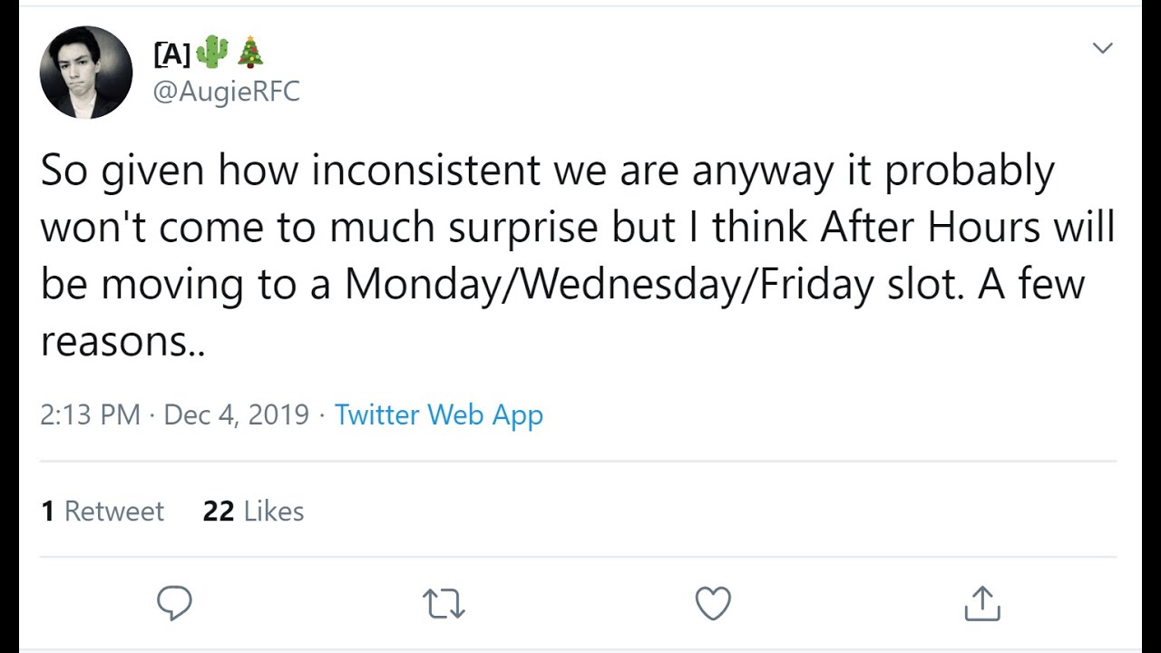 Augie moves RFC Afterhours to a Monday, Wednesday, Friday show (Full Twitter thread)