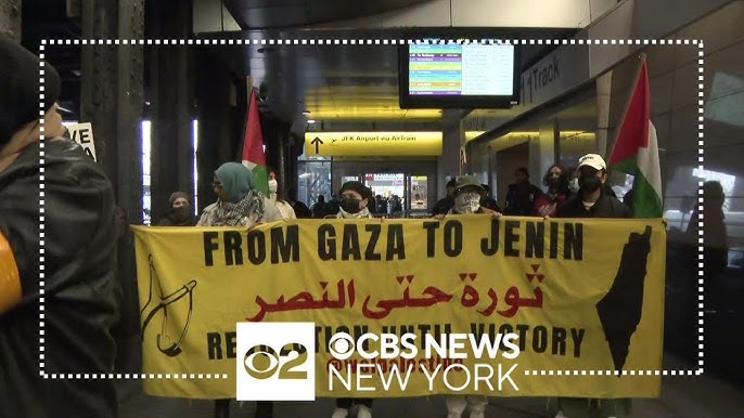 Pro Palestinian Demonstration Held Outside Airtrain At Jamaica Station