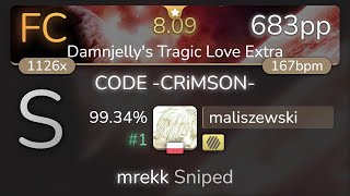 [7.99⭐] maliszewski | Shiron - CODE -CRiMSON- [Damnjelly's Tragic] +HD 99.34% {#1 683pp FC} - osu!