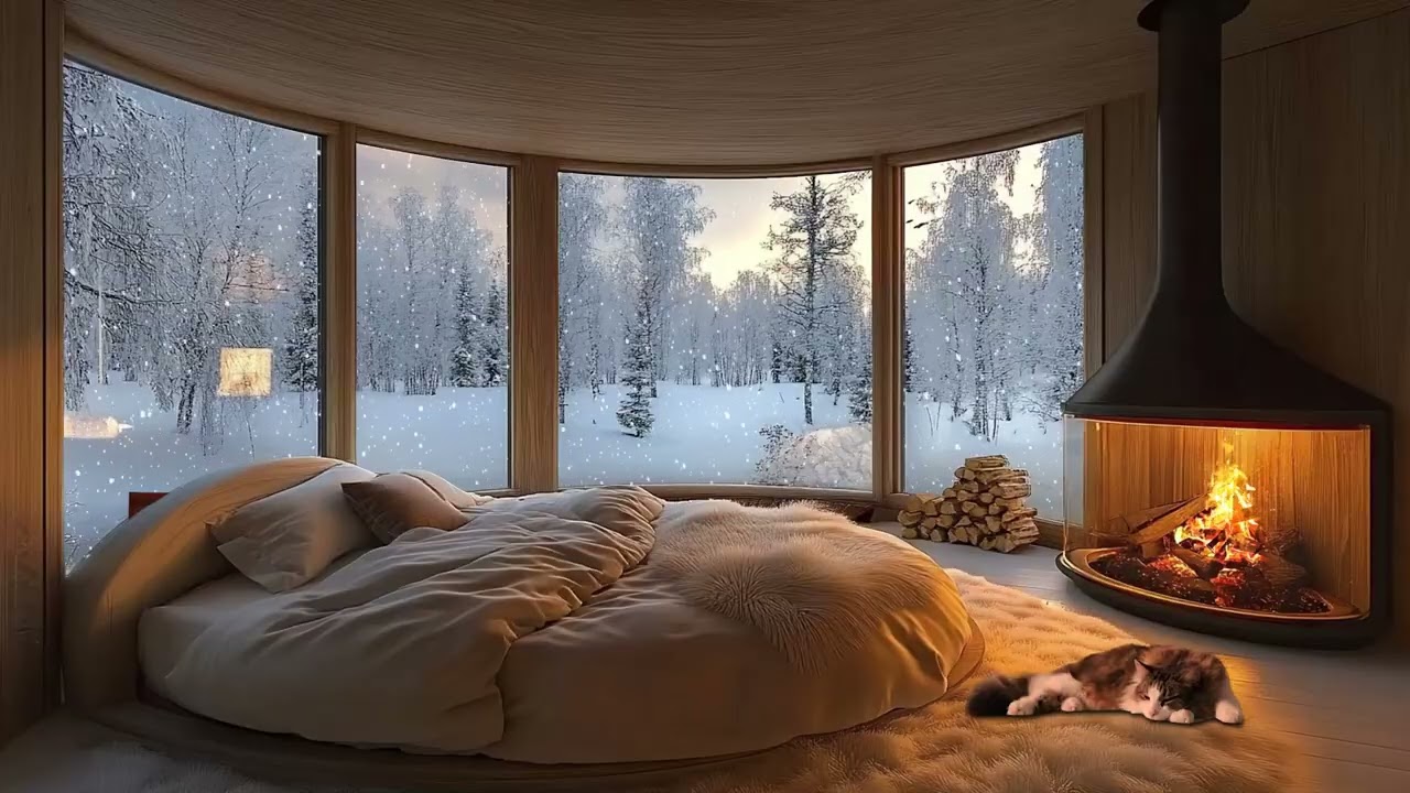 Cozy Winter Bedroom with Fireplace ❄️ Snowfall Forest View & Warm Fire Sounds for Deep Sleep