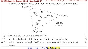 2014 Maths General 2 HSC Q28b, Compass radial field survey, cosine rule for unknown sides
