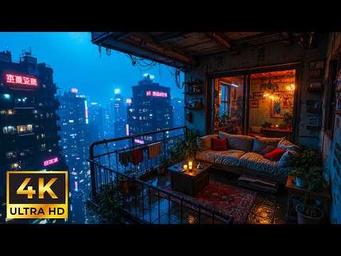 Neon Metropolis View: Cyberpunk Balcony with Cozy Atmosphere | sounds of rain & Relaxation | 4K