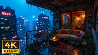 Neon Metropolis View: Cyberpunk Balcony with Cozy Atmosphere | sounds of rain & Relaxation | 4K screenshot 4