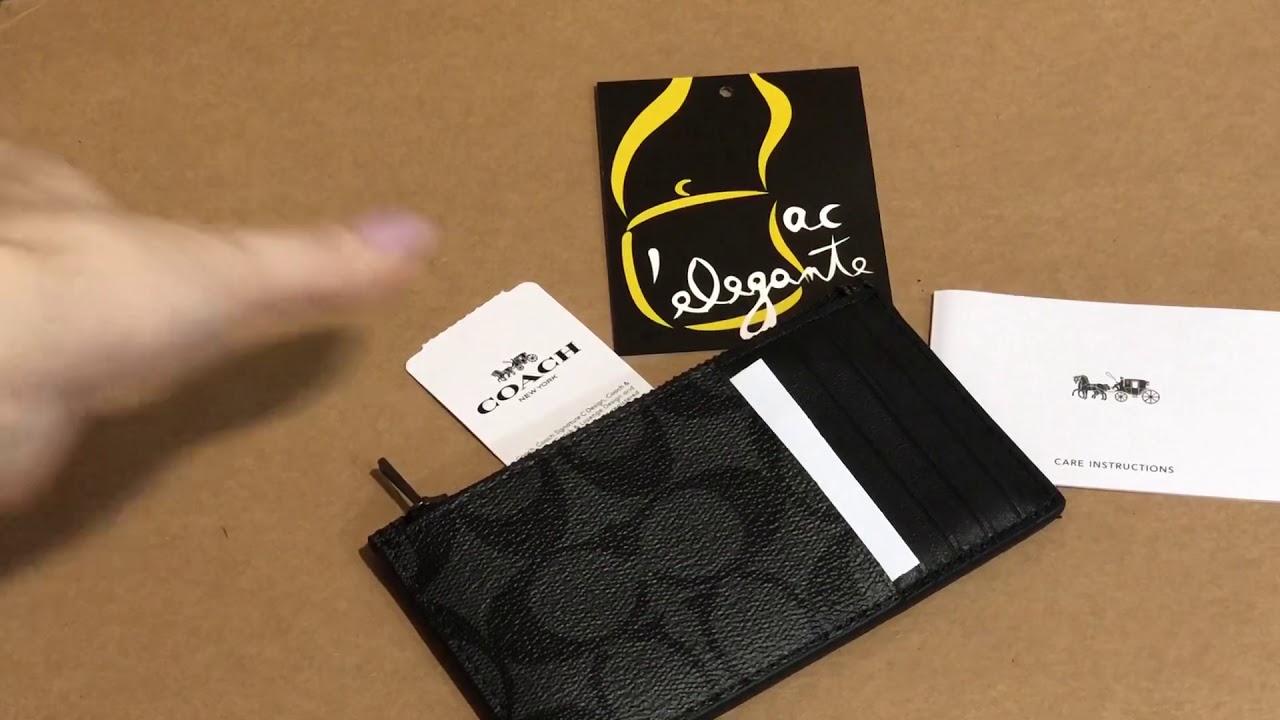 Coach signature pvc zip cardcase charcoal black