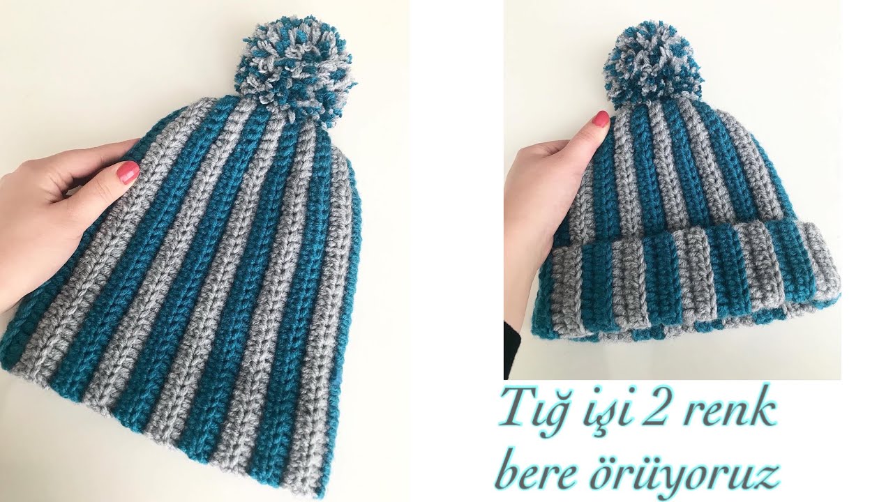 pratik örgü şapka tarifi😌| İki renkli tığ işi bere nasıl yapılır ?