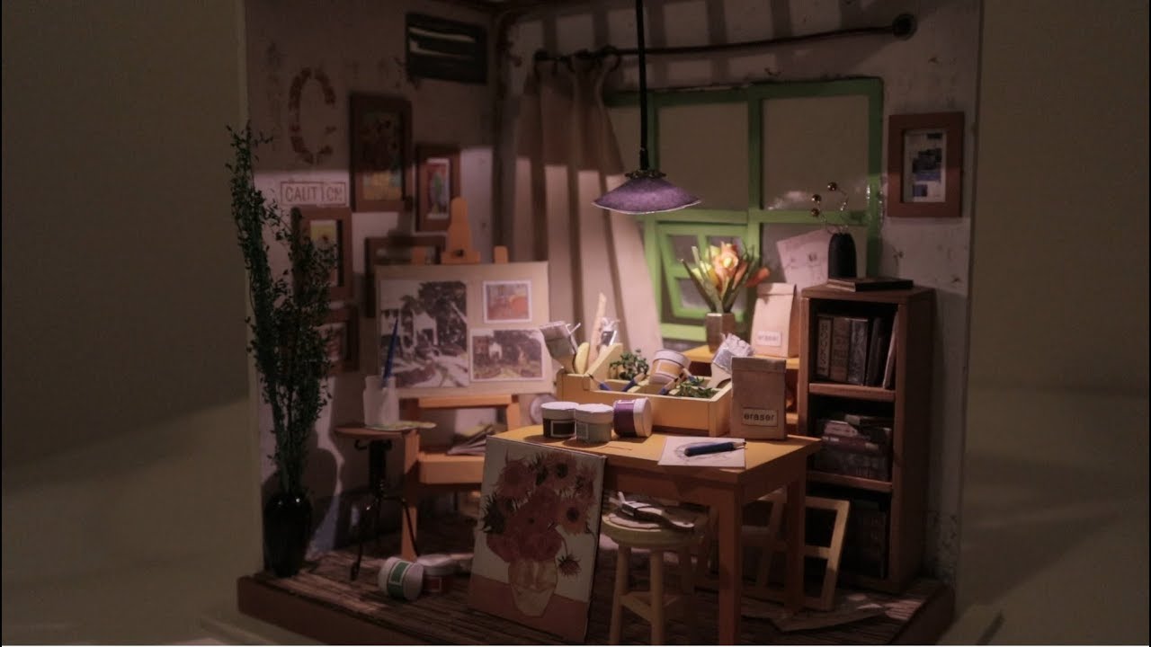 DIY Miniature Dollhouse Art Studio with Light YouTube