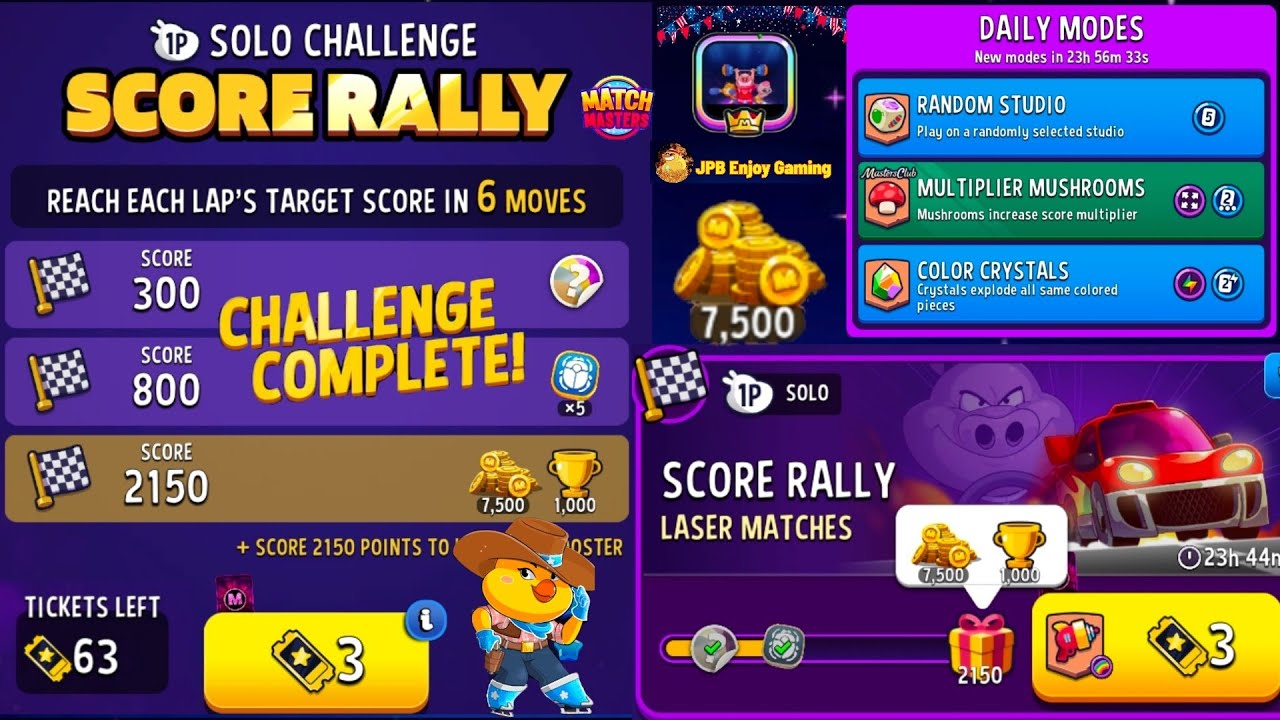 Solo Challenge Score Rally 6 move Laser Matches 2150 Score/ Color